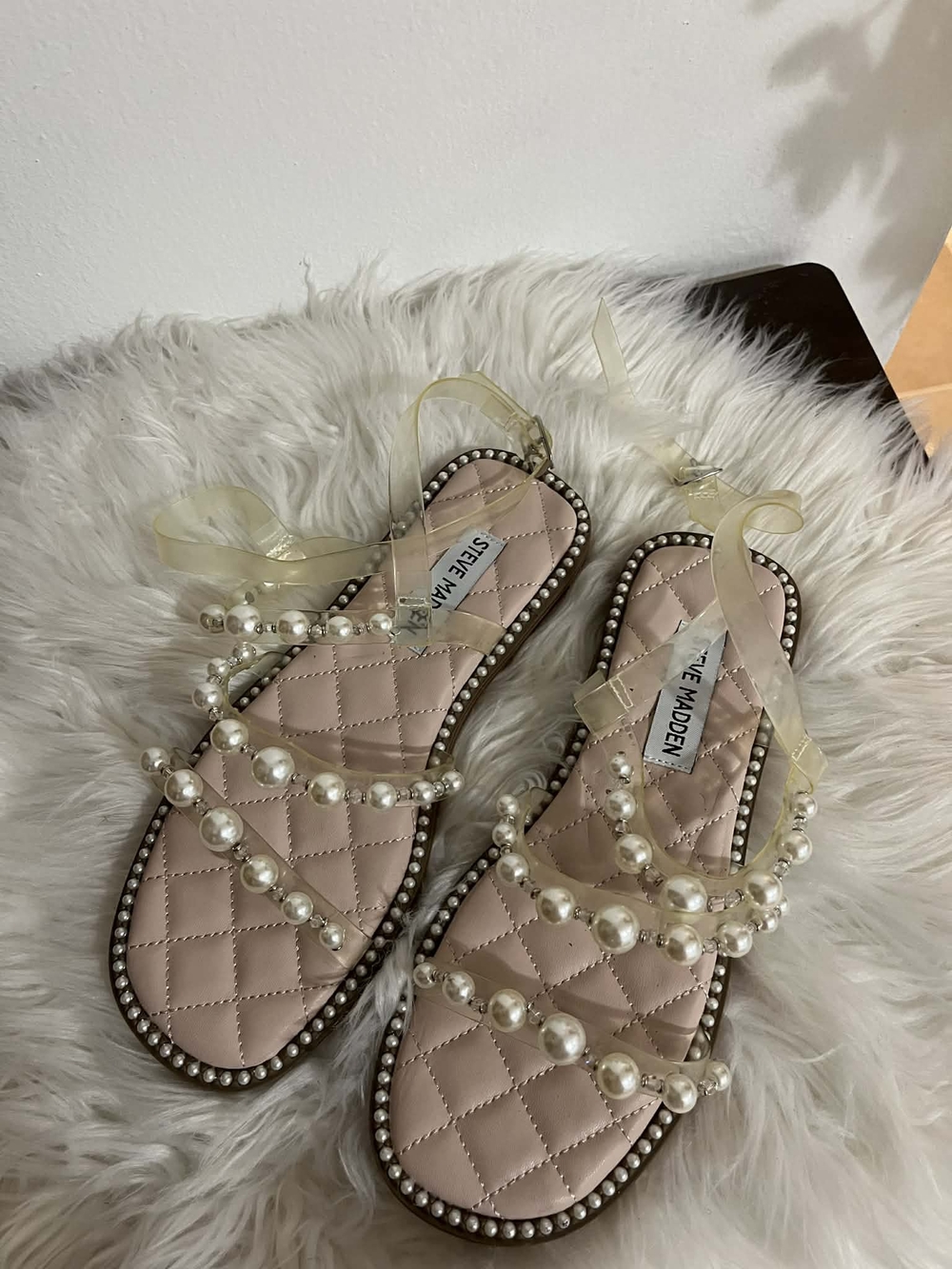 Steve Madden Pearl-Strap Clear Ankle Sandals - Nude/White Pearls New Whithout La - Picture 7 of 8